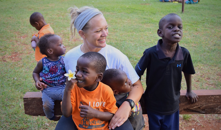 Katie with Ugandan children